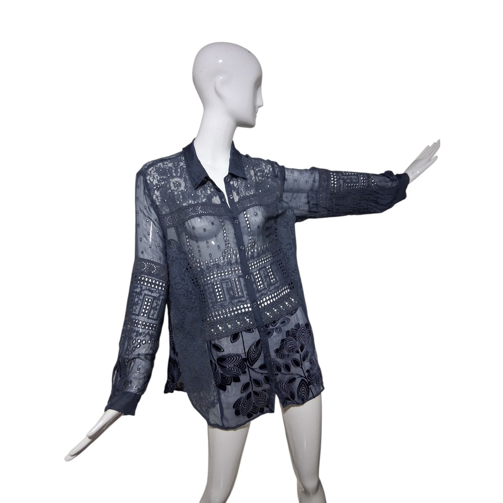 Johnny Was 4 Live And Liberty Womens‎ Large Silk Bling Velvet Burnout Eyelet Top